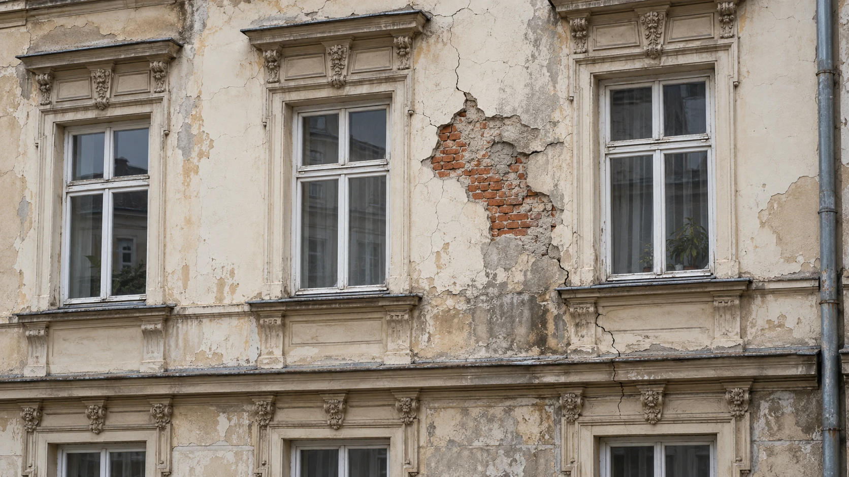 Magas emeleti homlokzat leváló vakolattal, kilátszó téglákkal és repedésekkel.