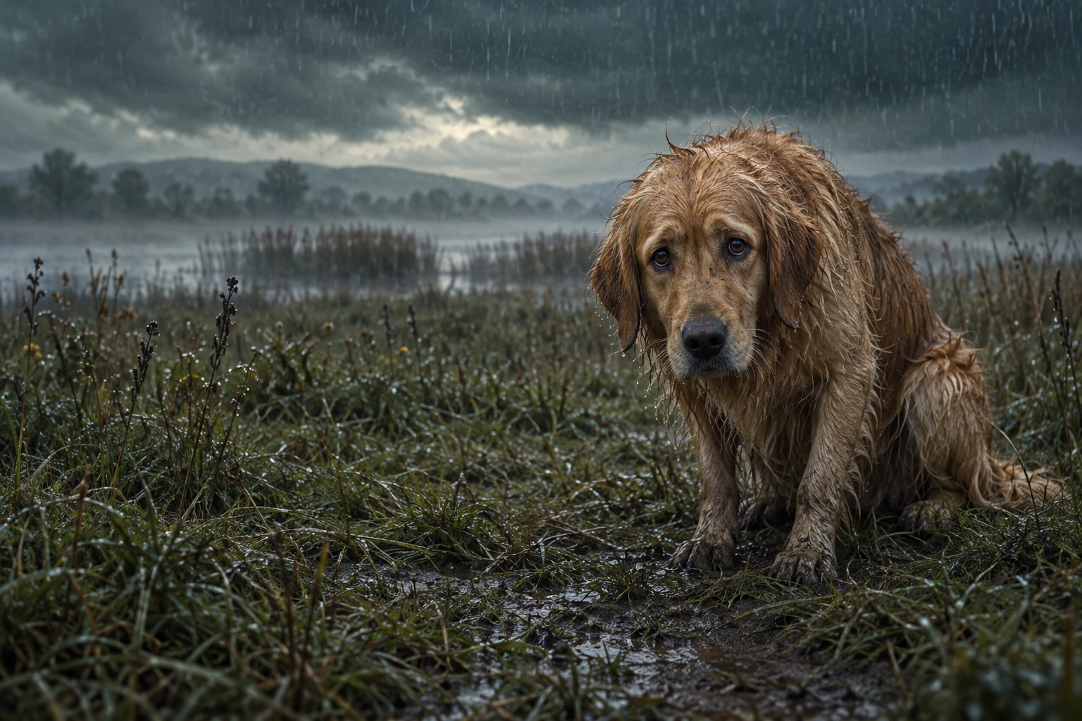 Elázott golden retriever kucorog egy esős réten, szomorúan a kamera felé néz.