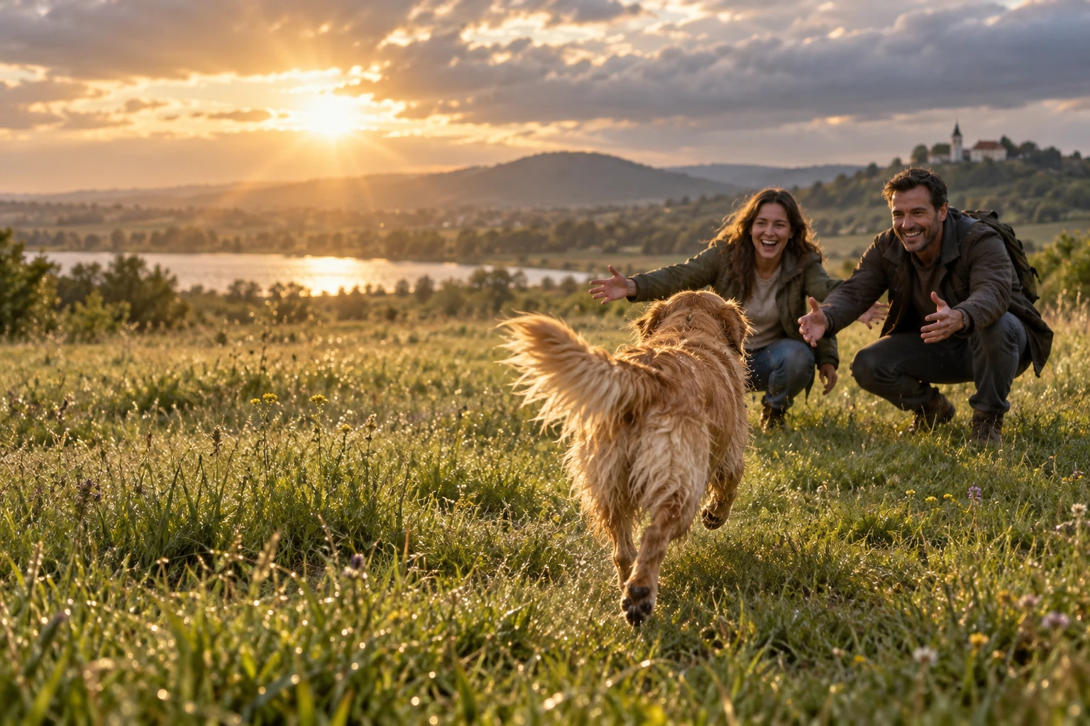 A megtalált golden retrievert tárt karokkal várják boldog gazdái egy napsütötte réten.