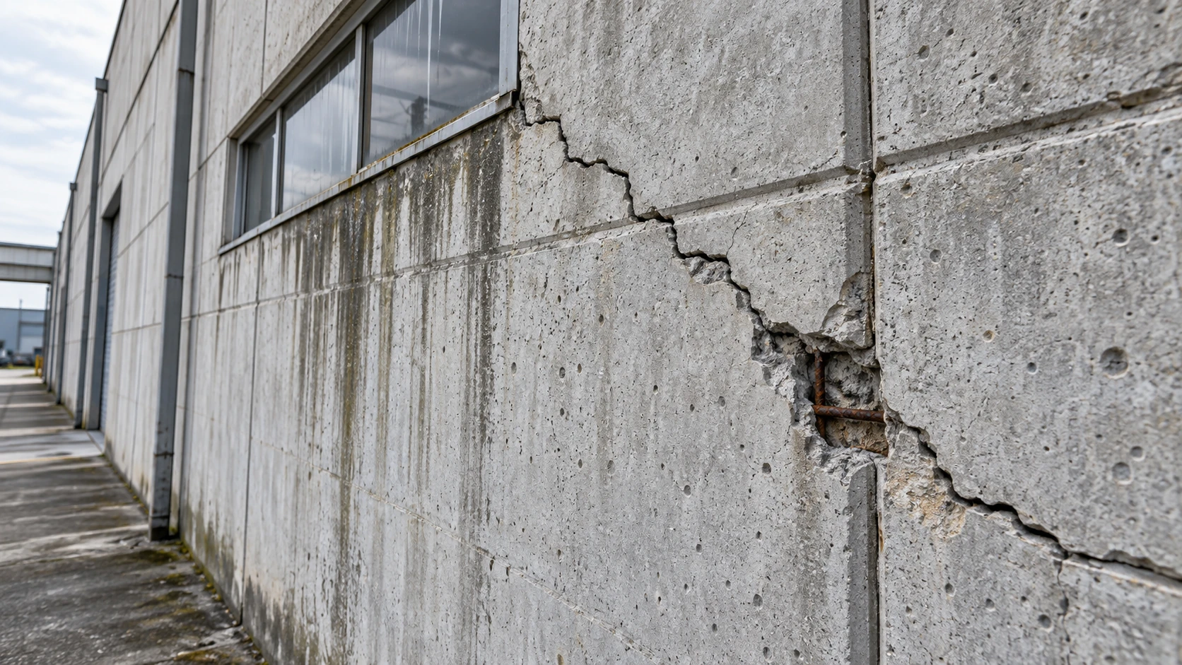 Ipari csarnok betonfalának repedése és sérült, rozsdásodó betonfelülete közelről.